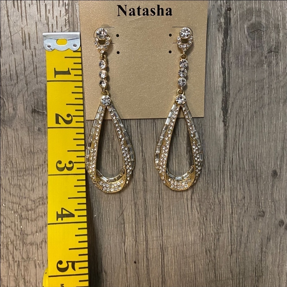 NATASHA Gold Tone Baguette Crystal Teardrop Chandelier Earrings - Picture 2 of 3